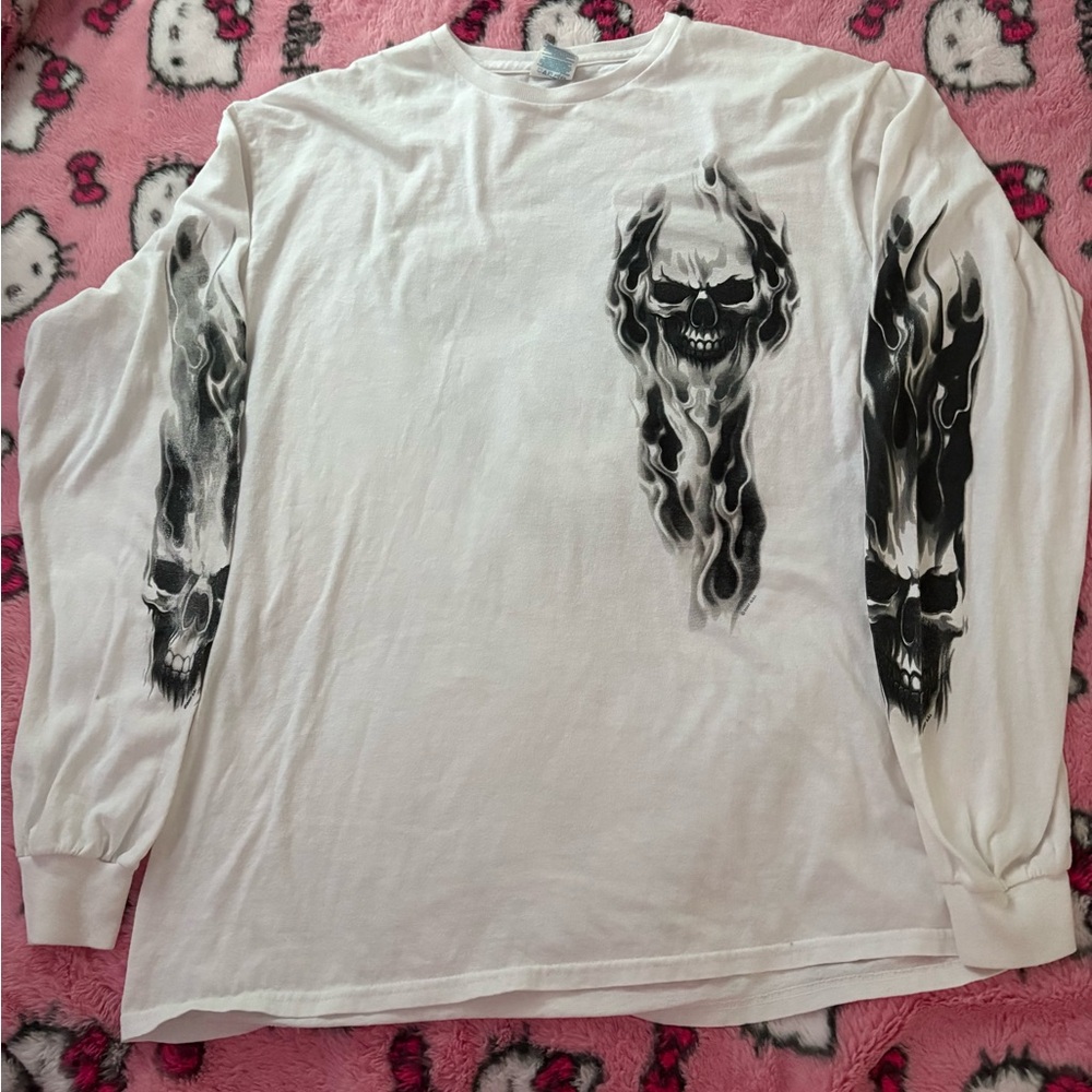 White long sleeve shirt with skull flames